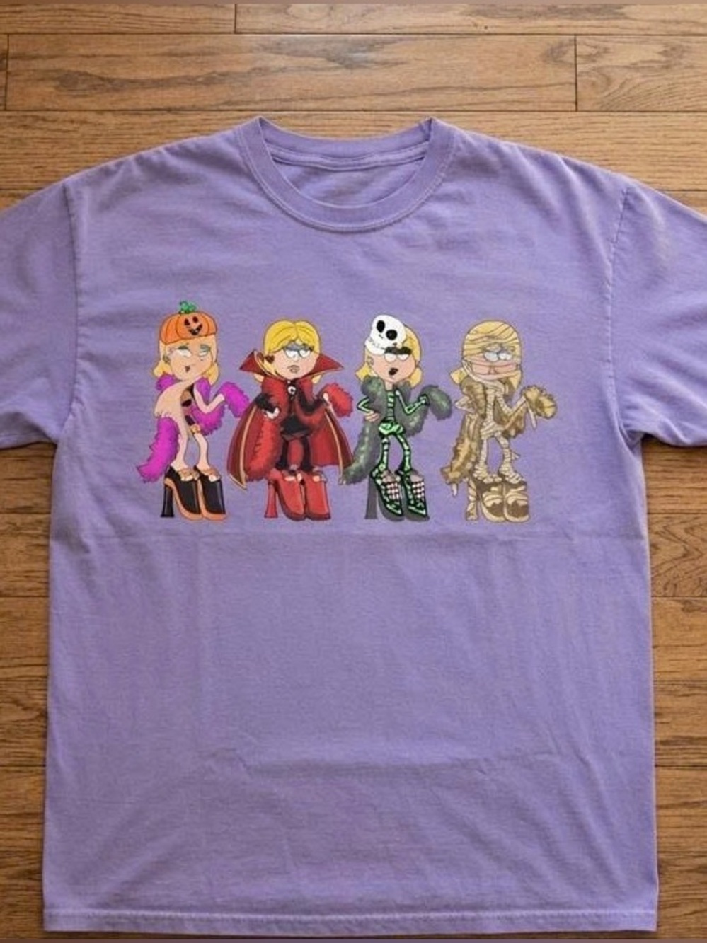 Lavender Graphic Tee with Colorful Halloween Characters